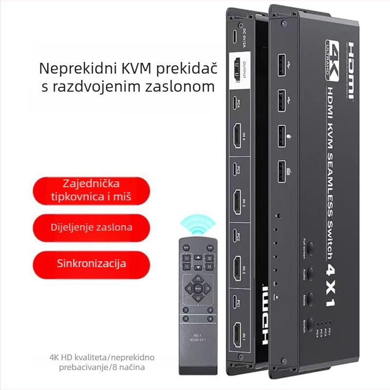 KVM prekidač 4-u-1, 4K@30Hz, sinhronizacija miša kroz zaslon, hotkeys, udaljeno buđenje – model K6-1, rješenje 1826