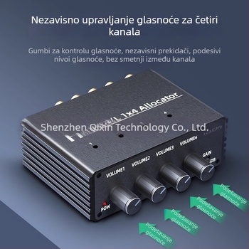 Audio splitter 1 ulaz 4 izlaza, istovremeno reproduciranje, neovisna regulacija glasnoće, zajedničko reproduciranje zvuka među više pojačala