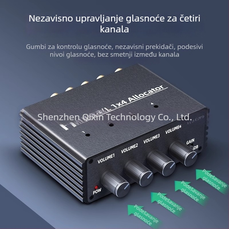 Audio splitter 1 ulaz 4 izlaza, istovremeno reproduciranje, neovisna regulacija glasnoće, zajedničko reproduciranje zvuka među više pojačala
