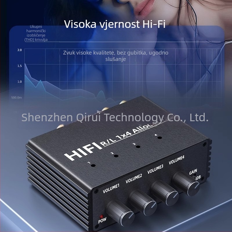 Audio splitter 1 ulaz 4 izlaza, istovremeno reproduciranje, neovisna regulacija glasnoće, zajedničko reproduciranje zvuka među više pojačala