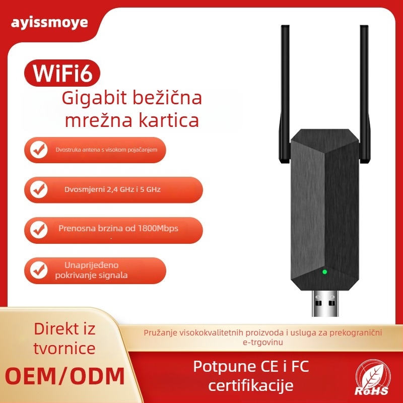 WiFi 6 gigabitna bežična USB kartica za stolno računalo, dvopojasna 2,4/5 GHz