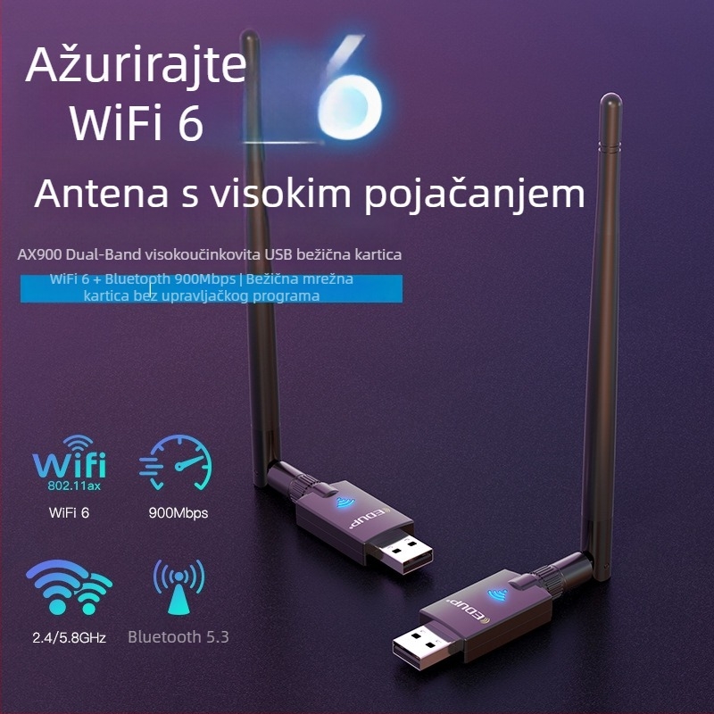 USB bežična mrežna kartica Dvopojasna Wi‑Fi 6 (AX/AC), 900 Mbps, USB sučelje, 2.4/5.8 GHz