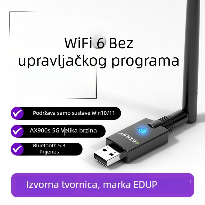 USB bežična mrežna kartica Dvopojasna Wi‑Fi 6 (AX/AC), 900 Mbps, USB sučelje, 2.4/5.8 GHz