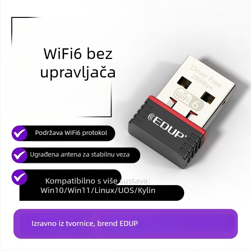 WiFi 6 USB bežični mrežni adapter bez drivera, za desktop i laptop, 300 Mbps, 2,4 GHz, AX protokol