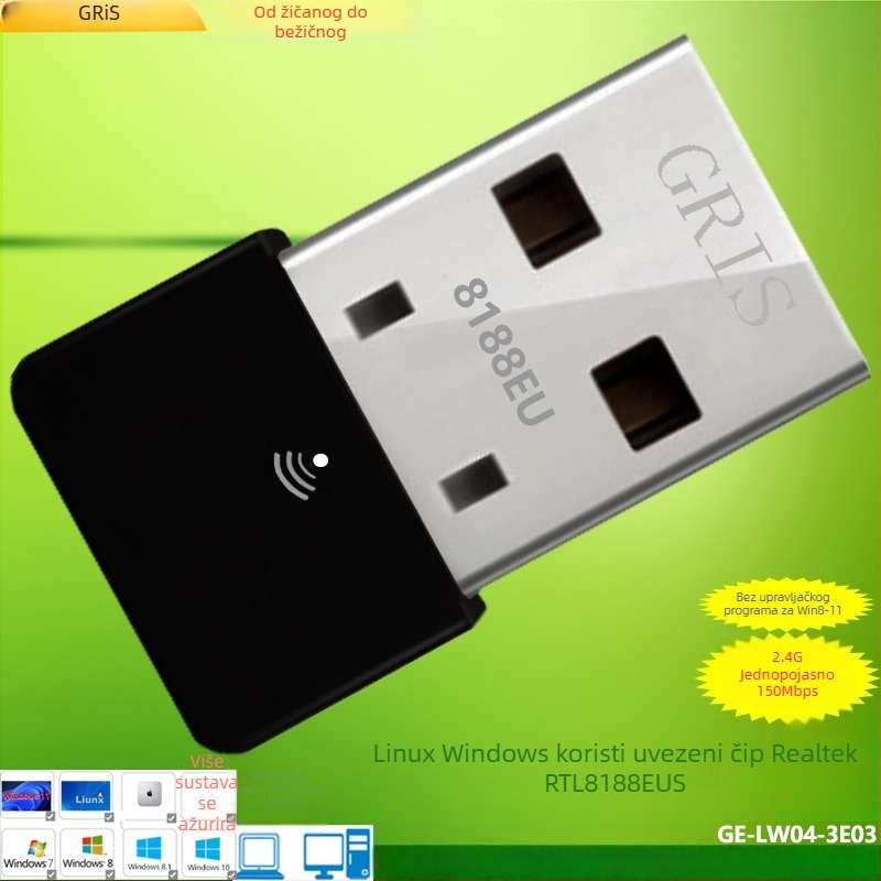 GRIS USB bežični mrežni adapter RTL8188EUS za stolno računalo i prijenosno računalo, 2,4 GHz, 150 Mbps, USB, IEEE 802.11b/g/n, Crna