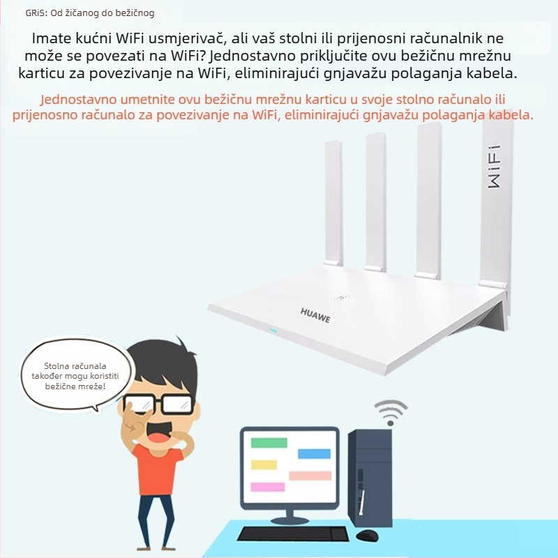 GRIS USB bežični mrežni adapter RTL8188EUS za stolno računalo i prijenosno računalo, 2,4 GHz, 150 Mbps, USB, IEEE 802.11b/g/n, Crna