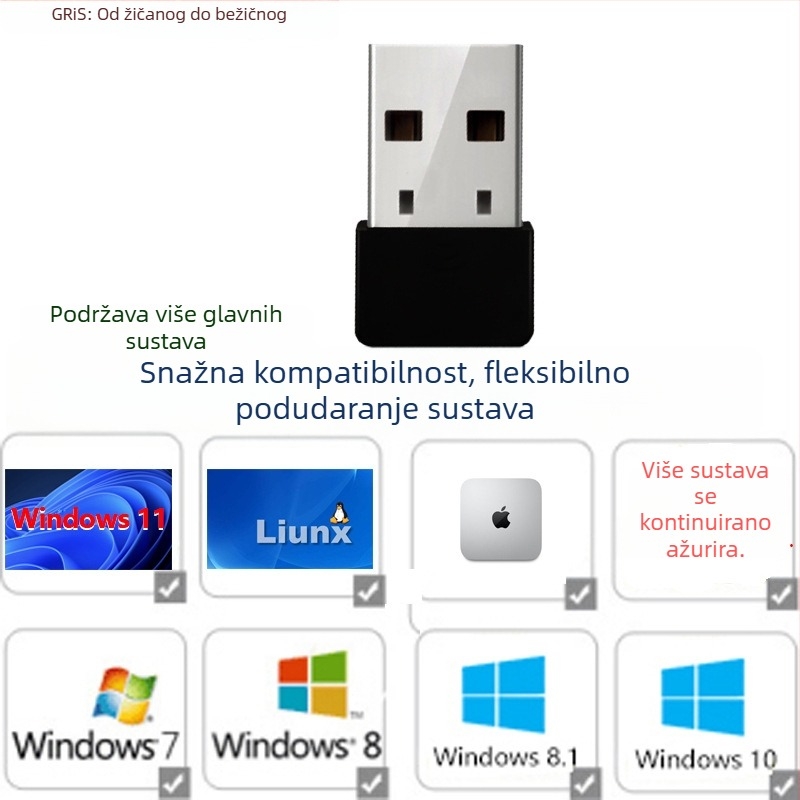 GRIS USB bežični mrežni adapter RTL8188EUS za stolno računalo i prijenosno računalo, 2,4 GHz, 150 Mbps, USB, IEEE 802.11b/g/n, Crna