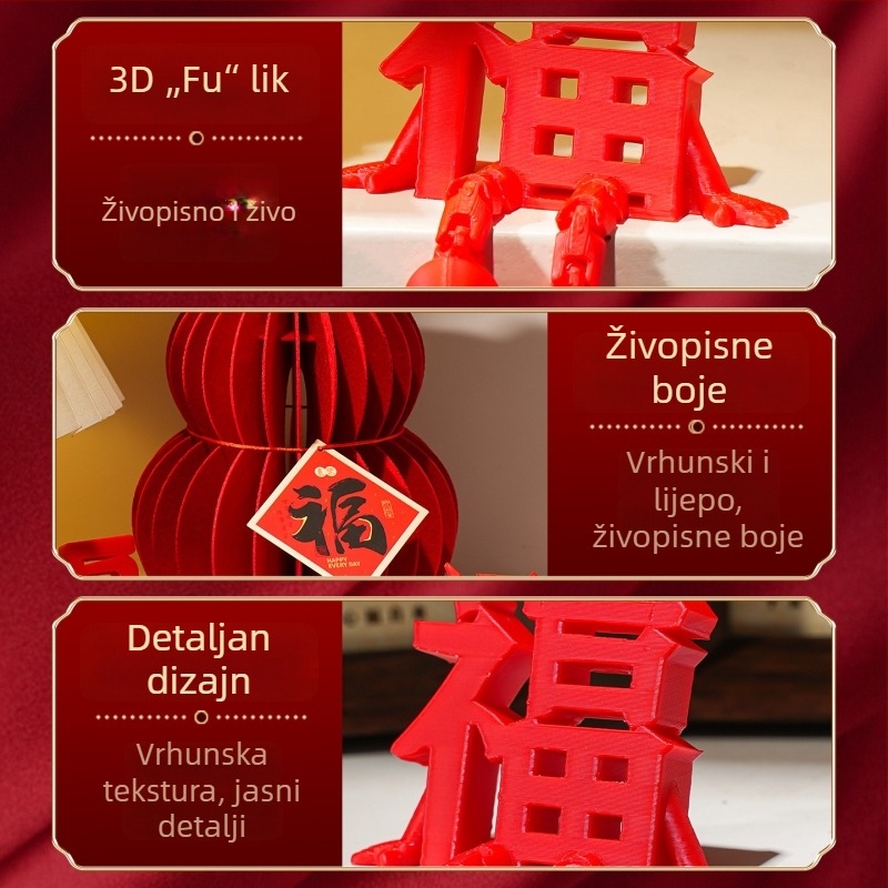3D Fu znak ukras za stol – rekvizita za uređenje prostora i fotografiranje; Materijal: plastika/papir/drugo; Stil: svečani, Nova godina, kineski stil; Blagdani: Proljetni festival, Nova godina