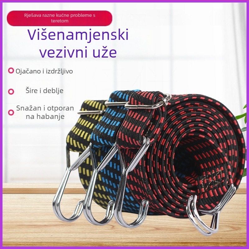 Elastična vezna traka s podesivom duljinom (0,6–4 m), gumo-nylon dvostruka kuka, 4 mm debljine, za vanjsku upotrebu
