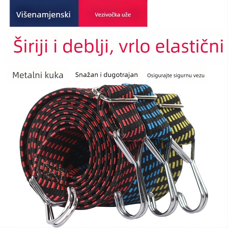 Elastična vezna traka s podesivom duljinom (0,6–4 m), gumo-nylon dvostruka kuka, 4 mm debljine, za vanjsku upotrebu