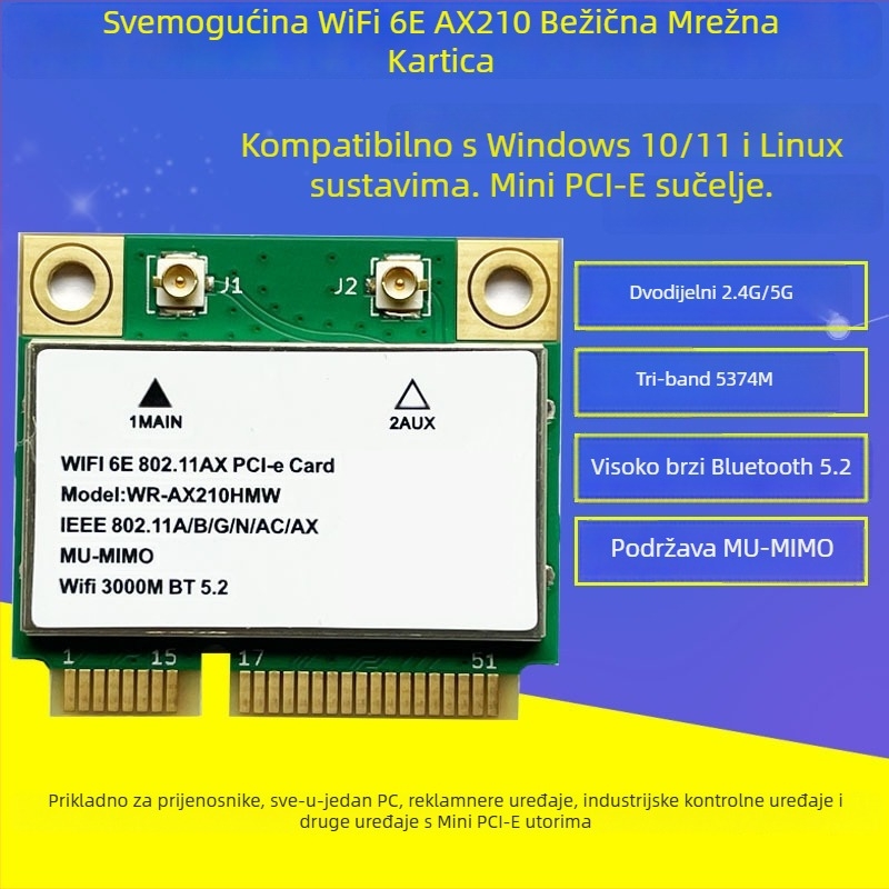 AX210 Mini PCIe WiFi 6E kartica, dvopojasna 2.4/5 GHz, 802.11ax, do 3 Gbps