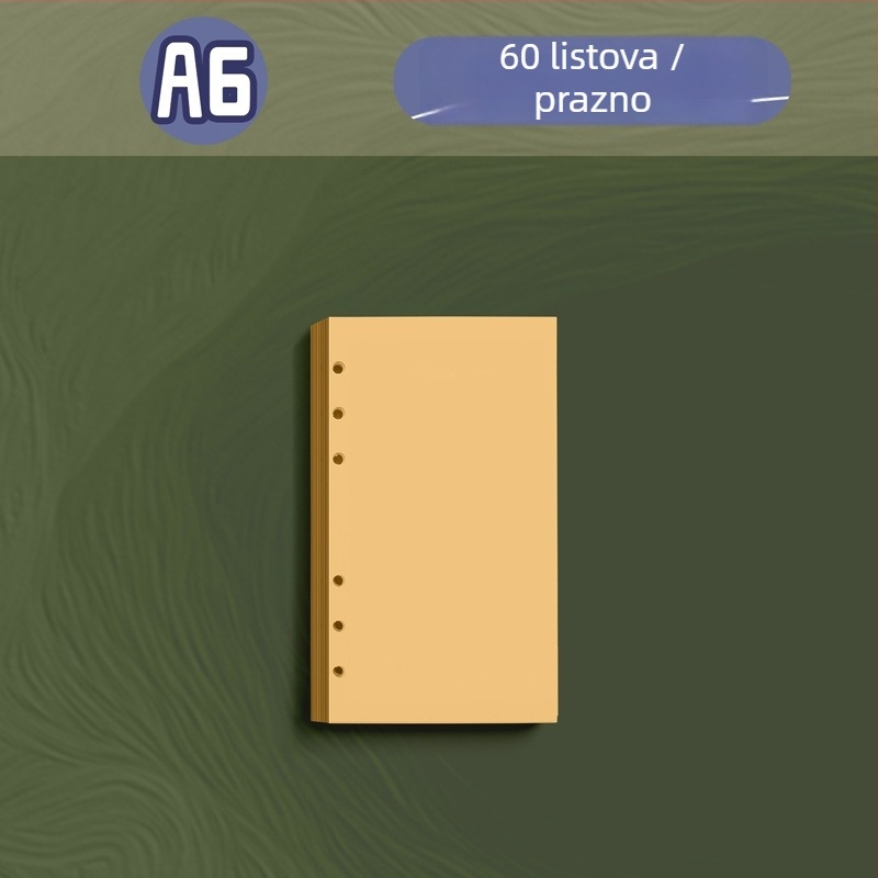 Kraft papir za bilježnicu s slobodnim listovima, zamjensko jezgro A6/A5/B5, 60 listova, unutarnje stranice od dvostrukog offseta, kompatibilno s rupama 6/20/26