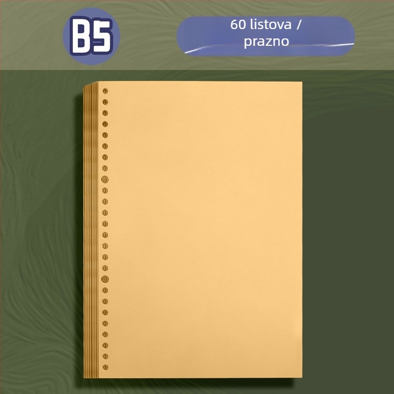 Kraft papir za bilježnicu s slobodnim listovima, zamjensko jezgro A6/A5/B5, 60 listova, unutarnje stranice od dvostrukog offseta, kompatibilno s rupama 6/20/26