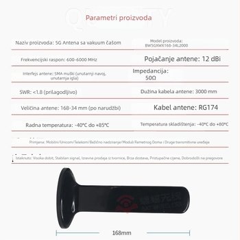 Antena punog spektra 2G/3G/4G, visokog dobitka 12 dBi, omnidirekcionalna, za bežični usmjerivač, model BW5GXWX168-34L2000, Bat Wireless
