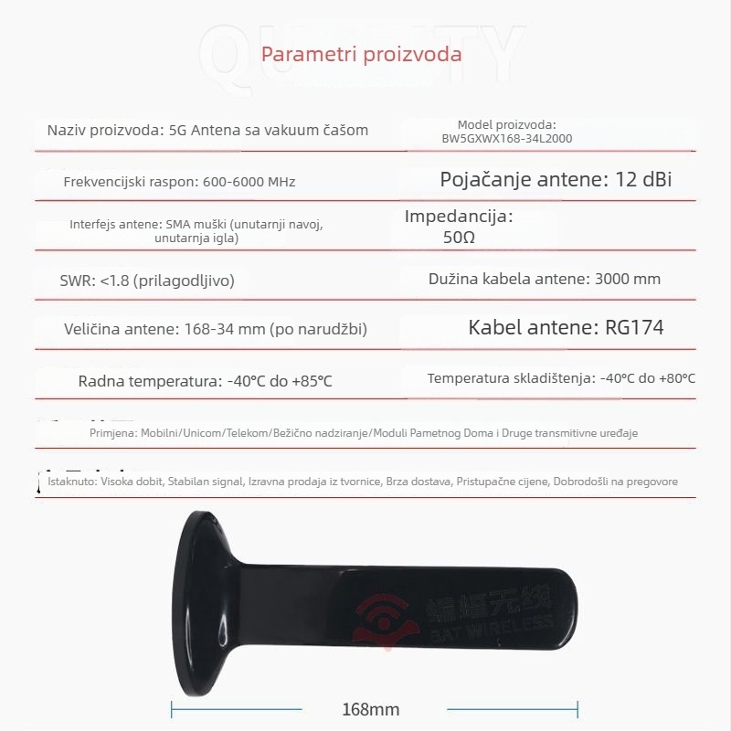Antena punog spektra 2G/3G/4G, visokog dobitka 12 dBi, omnidirekcionalna, za bežični usmjerivač, model BW5GXWX168-34L2000, Bat Wireless