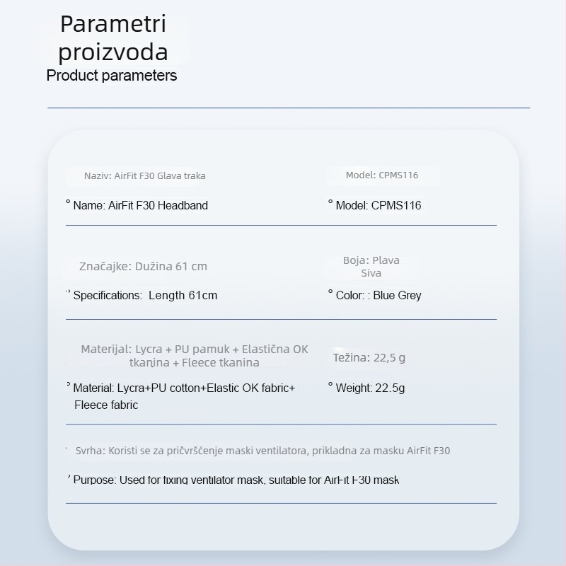Ventilator trak za AirFit F30 CPAP masku i ResMed F30, zamjena podesive trake — Materijal: najlon smjesa; Miješane tkanine: Lycra + pamuk + elastična tkanina; Marka Xinwei