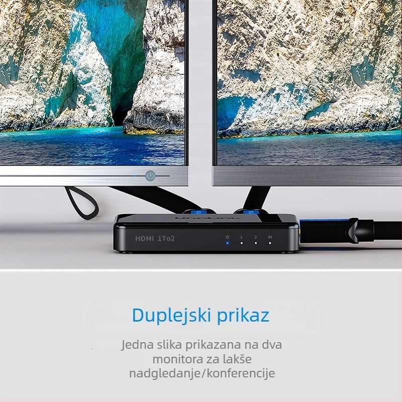 HDMI splitter: 1 ulaz, 2 izlaza; 4K podrška; domet prijenosa 20 m; napajanje 5V/1A; model 0103