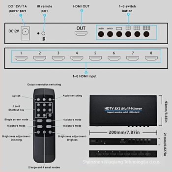 HDMI 8x1 razdjelnik za osam zaslona, NK-818, 1080P/4K30, HDMI ulaz/izlaz, napajanje 12V1A, 12W, za sigurnosno praćenje