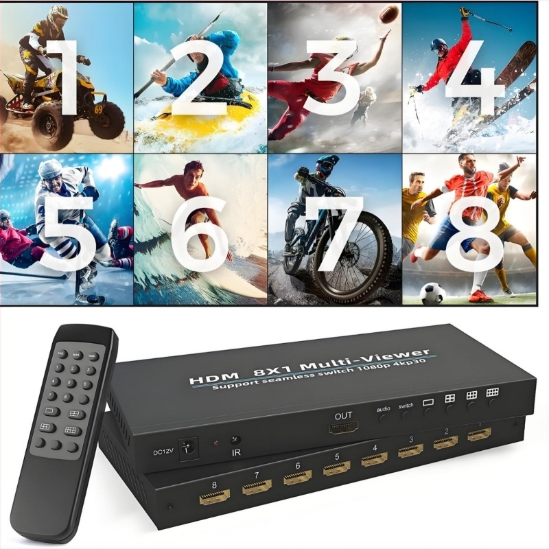 HDMI 8x1 razdjelnik za osam zaslona, NK-818, 1080P/4K30, HDMI ulaz/izlaz, napajanje 12V1A, 12W, za sigurnosno praćenje