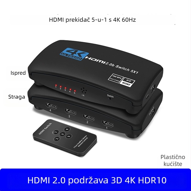 HDMI prekidač 5 ulaza 1 izlaz, 4K60Hz, HDR10, Dolby