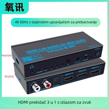 Oxygen OZVQ3-2 HDMI 2.0 prekidač, 3 ulaza 1 izlaz, ARC, audio separacija, 4K60Hz