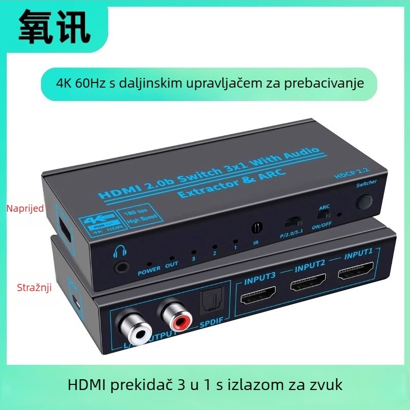 Oxygen OZVQ3-2 HDMI 2.0 prekidač, 3 ulaza 1 izlaz, ARC, audio separacija, 4K60Hz