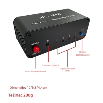 Oxygen AK-401R dvokanalni stereo audio prekidač s daljinskim upravljanjem, 4-u-1 RCA izlaz, podrška svih sustava, buđenje daljinskim upravljačem, upravljanje napajanjem