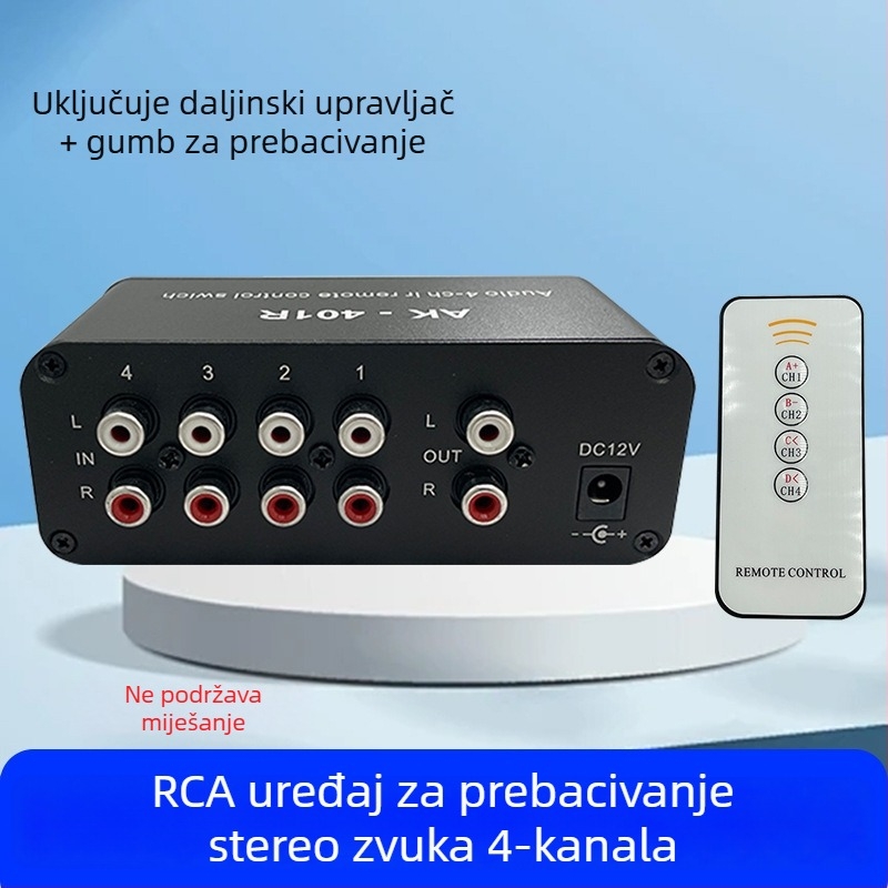 Oxygen AK-401R dvokanalni stereo audio prekidač s daljinskim upravljanjem, 4-u-1 RCA izlaz, podrška svih sustava, buđenje daljinskim upravljačem, upravljanje napajanjem