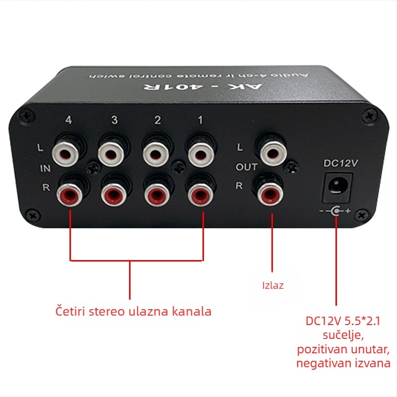 Oxygen AK-401R dvokanalni stereo audio prekidač s daljinskim upravljanjem, 4-u-1 RCA izlaz, podrška svih sustava, buđenje daljinskim upravljačem, upravljanje napajanjem