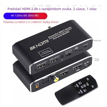 HDMI 2.1b prekidač (2 ulaza, 1 izlaz) s HDMI de-embeddingom zvuka i eARC, 4K/60Hz, HDCP 2.3, 7.1 Dolby panoramski zvuk
