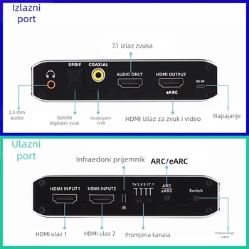 HDMI 2.1b prekidač (2 ulaza, 1 izlaz) s HDMI de-embeddingom zvuka i eARC, 4K/60Hz, HDCP 2.3, 7.1 Dolby panoramski zvuk