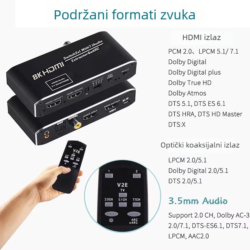 HDMI 2.1b prekidač (2 ulaza, 1 izlaz) s HDMI de-embeddingom zvuka i eARC, 4K/60Hz, HDCP 2.3, 7.1 Dolby panoramski zvuk