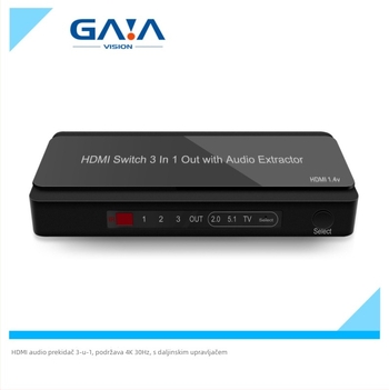 HDMI audio prekidač i splitter, 4K30Hz, 3-u-1 ulaz/izlaz uz ekstrakciju zvuka