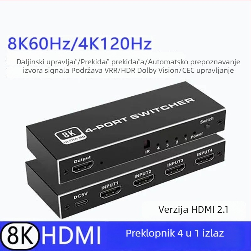 HDMI prekidač 4x1 s HDMI 2.1, rezolucija 8K, podržava 4K120Hz/2K144Hz i VRR