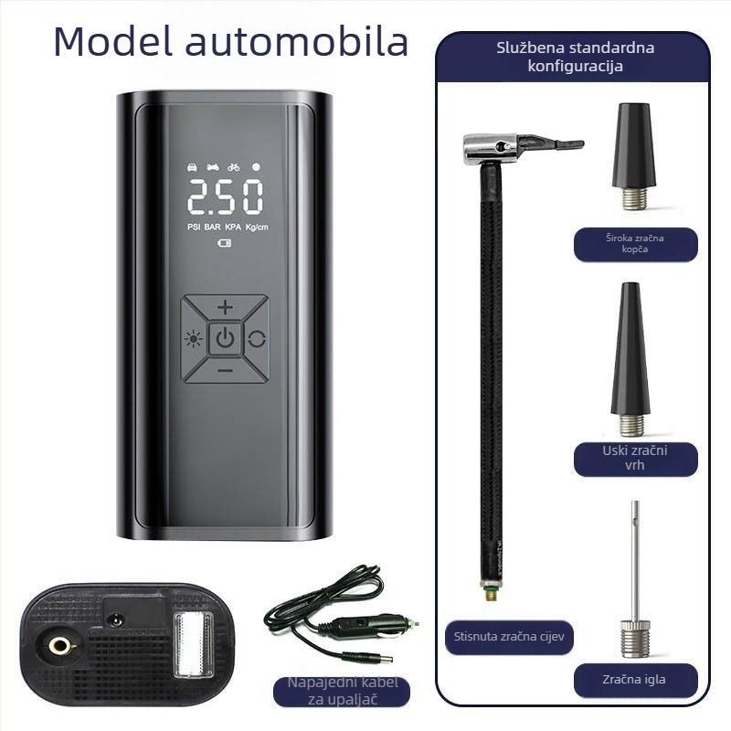 Električni prijenosni kompresor za zrak u automobilu s digitalnim zaslonom, 12V, 120W, 35 L/min, bežični