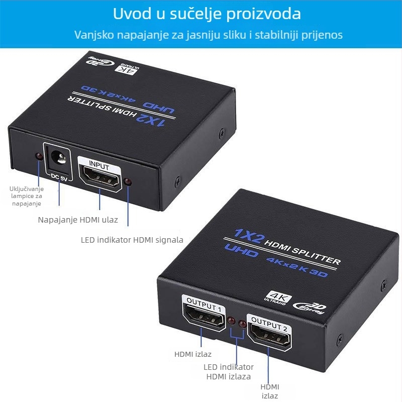 HDMI 1x2 video splitter, 4K podrška, HDMI ulaz/izlaz, Napajanje 5V 1A (5W), Model OZF4