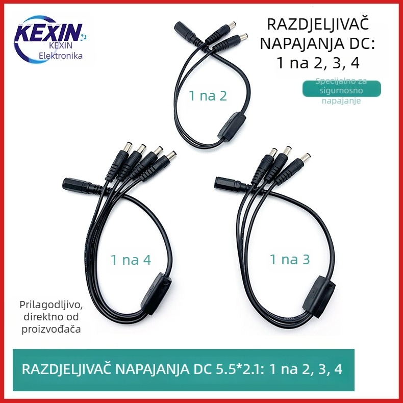 Prilagođeni DC12V kabel za napajanje CCTV: razdjelnik 1 na 4, DC5521 ženski–muški konektori, 2-žilni bakreni vodovi, PVC omotač