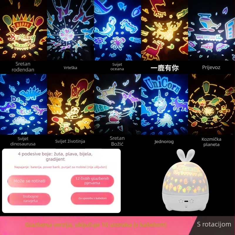Projektor zvjezdajanog neba sa glazbenom kutijom — dječja noćna lampica, napajanje USB ili baterije, zvučna funkcija, bez pametne kontrole