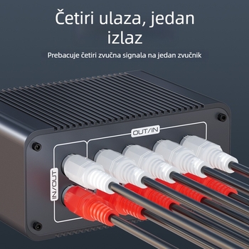 Analogni audio prekidač AU002, 4 ulaza 1 izlaz, stereo lijevi i desni kanali, duljina kabla 3 m, 1 godina jamstva