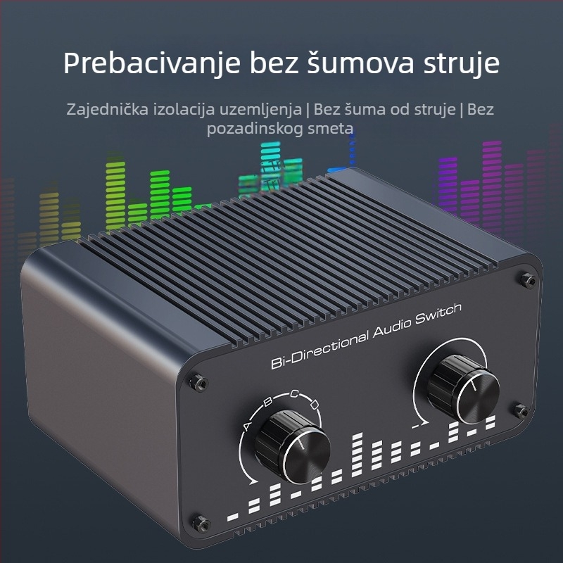 Analogni audio prekidač AU002, 4 ulaza 1 izlaz, stereo lijevi i desni kanali, duljina kabla 3 m, 1 godina jamstva
