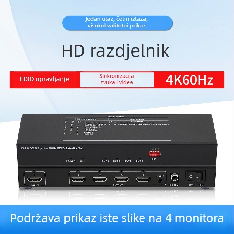 HDMI 2.0 4K60 1×4 splitter s EDID upravljanjem za prikaz na četiri zaslona