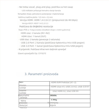 HDMI KVM prekidač za dva računala (2 ulaza - 1 izlaz) – 8K60Hz, 5 m kabel, za sve sustave, model OZK1-2