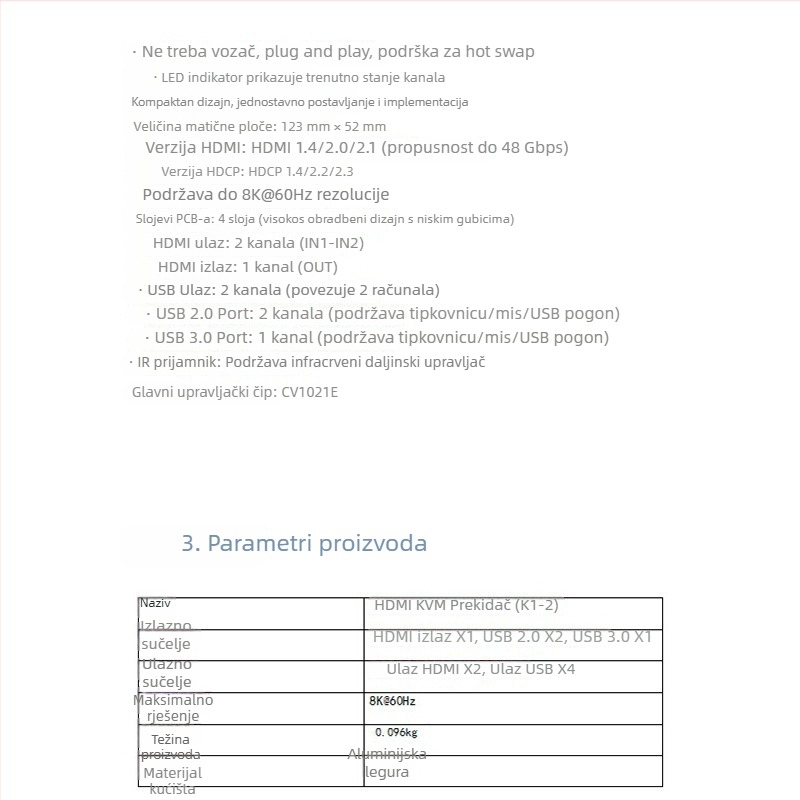 HDMI KVM prekidač za dva računala (2 ulaza - 1 izlaz) – 8K60Hz, 5 m kabel, za sve sustave, model OZK1-2