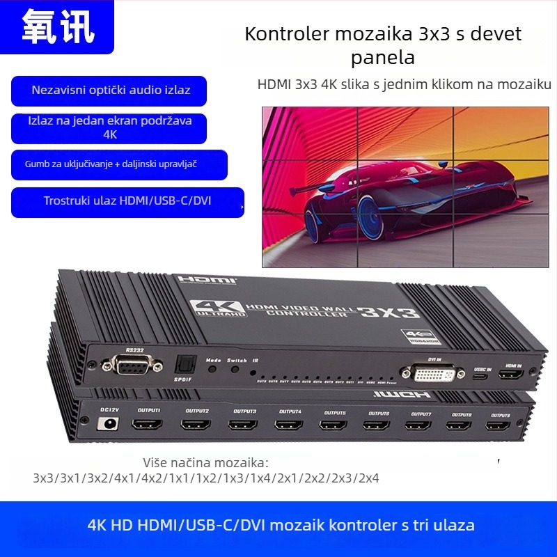 4K video splicer, 1 ulaz / 9 izlaza, hub tipa, RGB 4K30Hz, daljinsko buđenje, upravljanje napajanjem