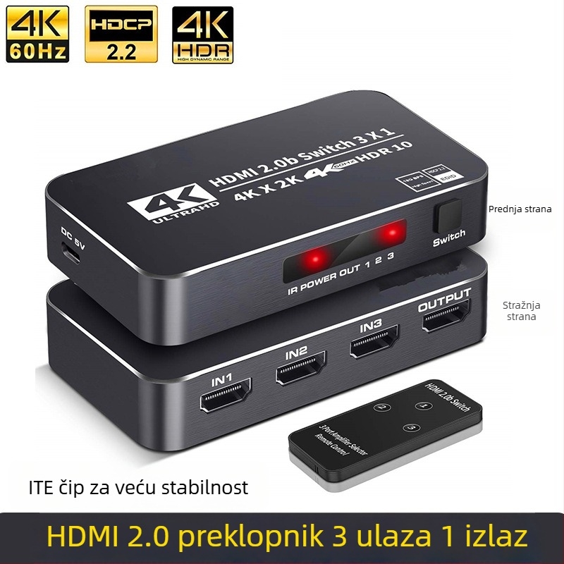 HDMI prekidač 4K60Hz s 3 ulaza i 1 izlazom, daljinski upravljač, spajanje prijenosnog računala na monitor