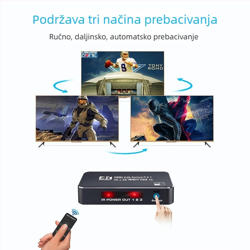 HDMI prekidač 4K60Hz s 3 ulaza i 1 izlazom, daljinski upravljač, spajanje prijenosnog računala na monitor