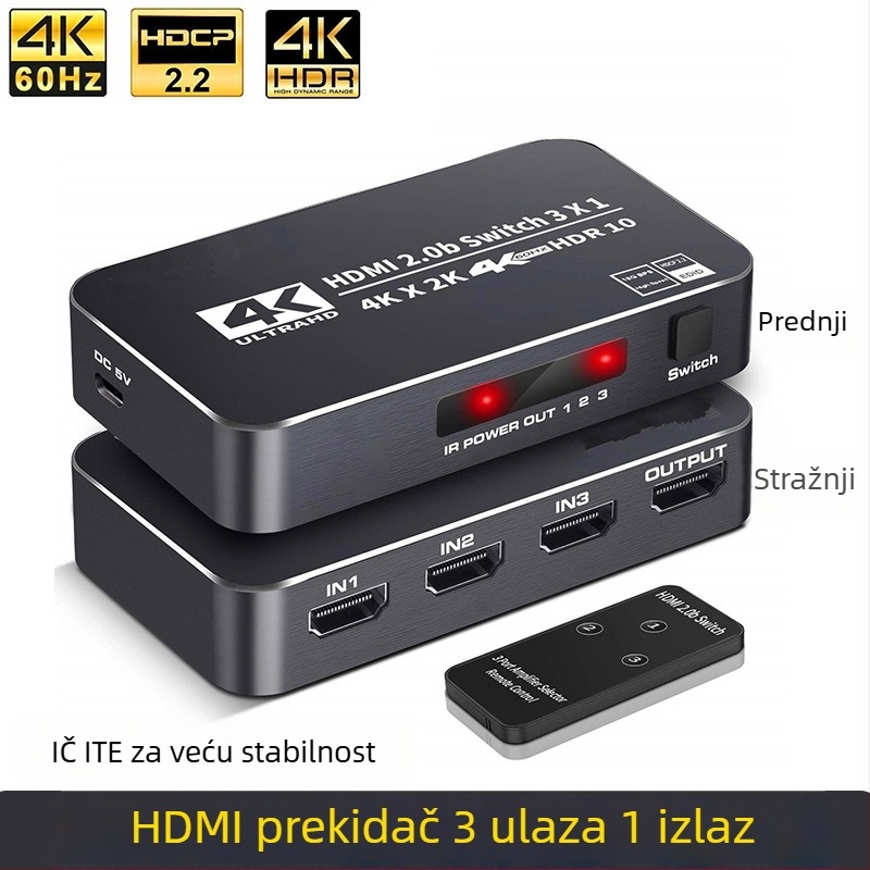 HDMI prekidač 4K60Hz s 3 ulaza i 1 izlazom, daljinski upravljač, spajanje prijenosnog računala na monitor