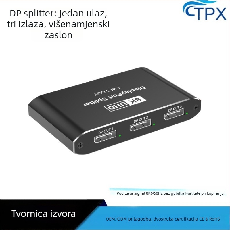 DP splitter 1 ulaz 3 izlaza, DP1.4, 8K60Hz, Podrška trostrukom prikazu (mirror/extended), Model HS-313
