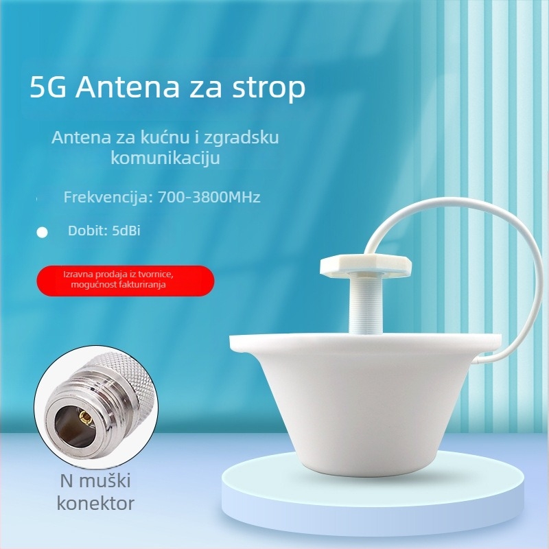 Omnidirekcijska stropna antena s glava gljiva, 5G puna mreža, pojačivač signala za mobilni telefon i WiFi (Model YJ031, Dobitak 5, Raspon frekvencija 700–3800 MHz, Impedancija 50 Ω, SWR ≤ 1,5)