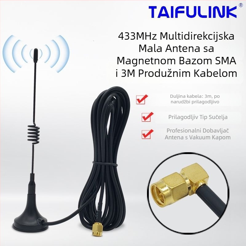 433MHz SMA antena s magnetskom bazom, 3 m produženje kabla, 50 Ω, dobitak 3,5 dBi